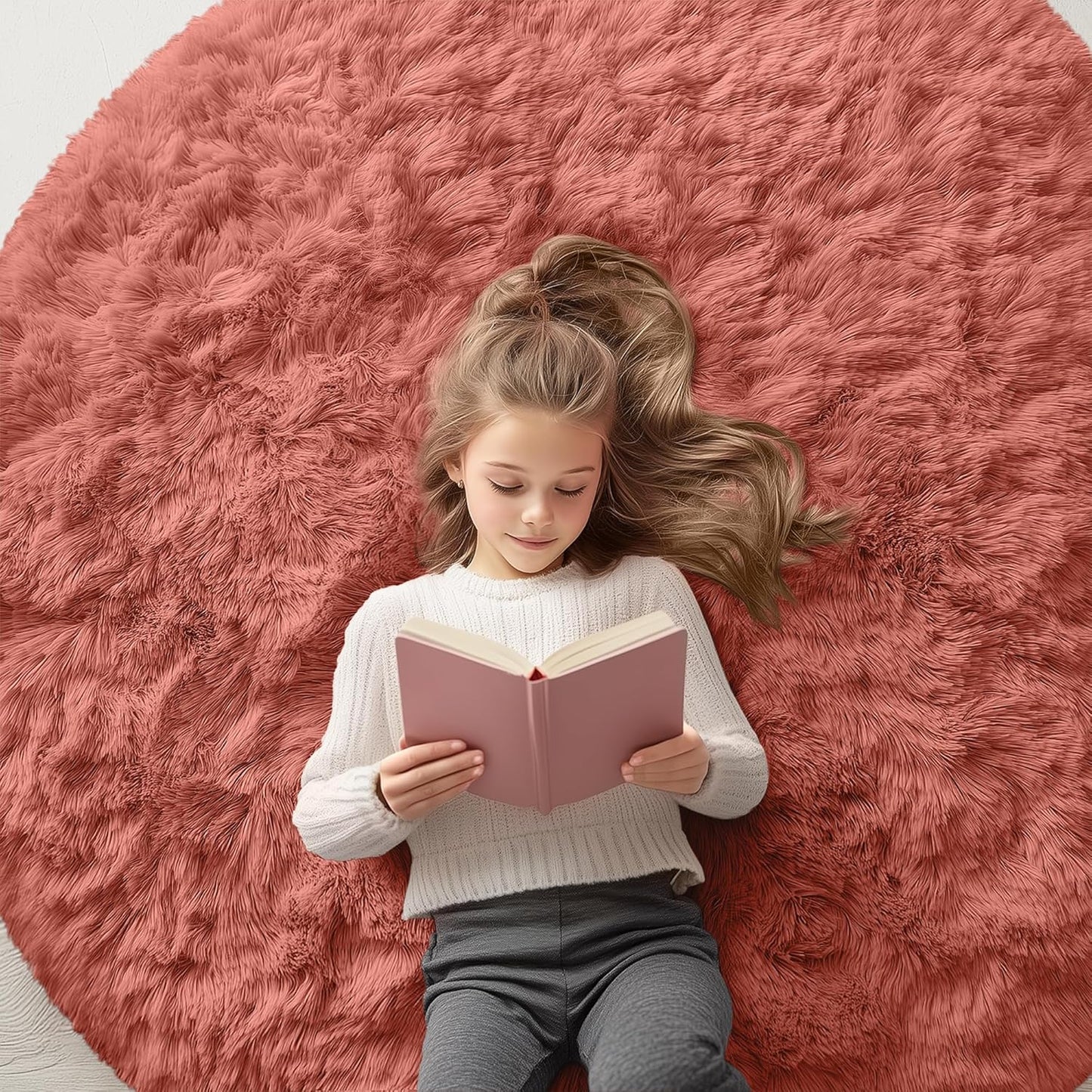 OLANLY Round Rust Red Area Rug - Soft, Fluffy, Machine Washable 5 ft Circle Carpet for Bedroom & Living Room Decor