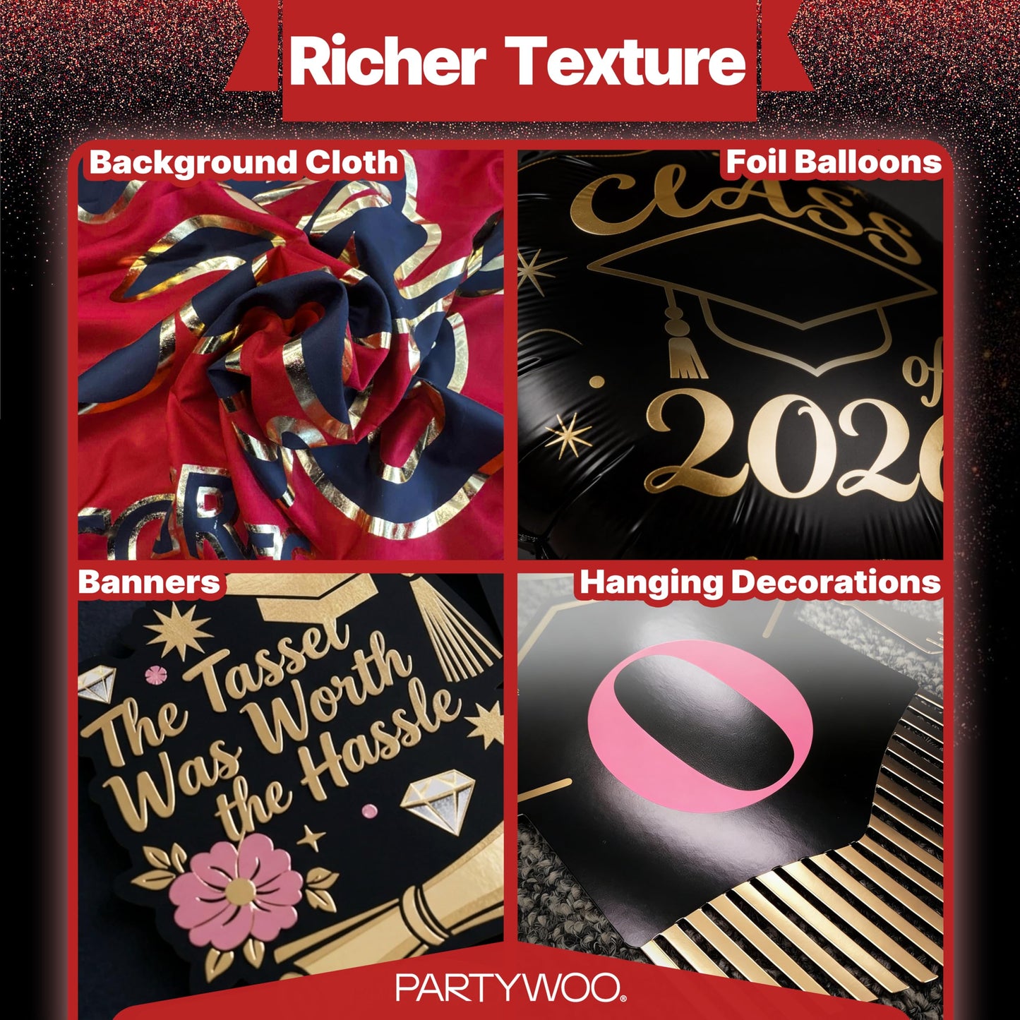 PartyWoo Graduation Decorations Class of 2026 Grad Party Supplies Set with Congrats Grad Red Black Pink Backdrop Banner Hanging Swirls Foil Latex Balloons Graduation Cap Centerpieces Party 40pcs