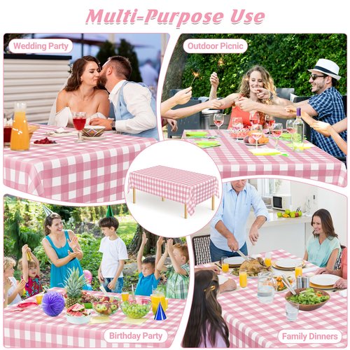 12Pack Table Cloth Rectangle Table, 54" x 108" Plastic Table Cloth Disposable, Waterproof Pink and White Checkered Table Cover for Outdoor Picnic Birthday Party Supplies Gathering BBQ Holiday Dinner