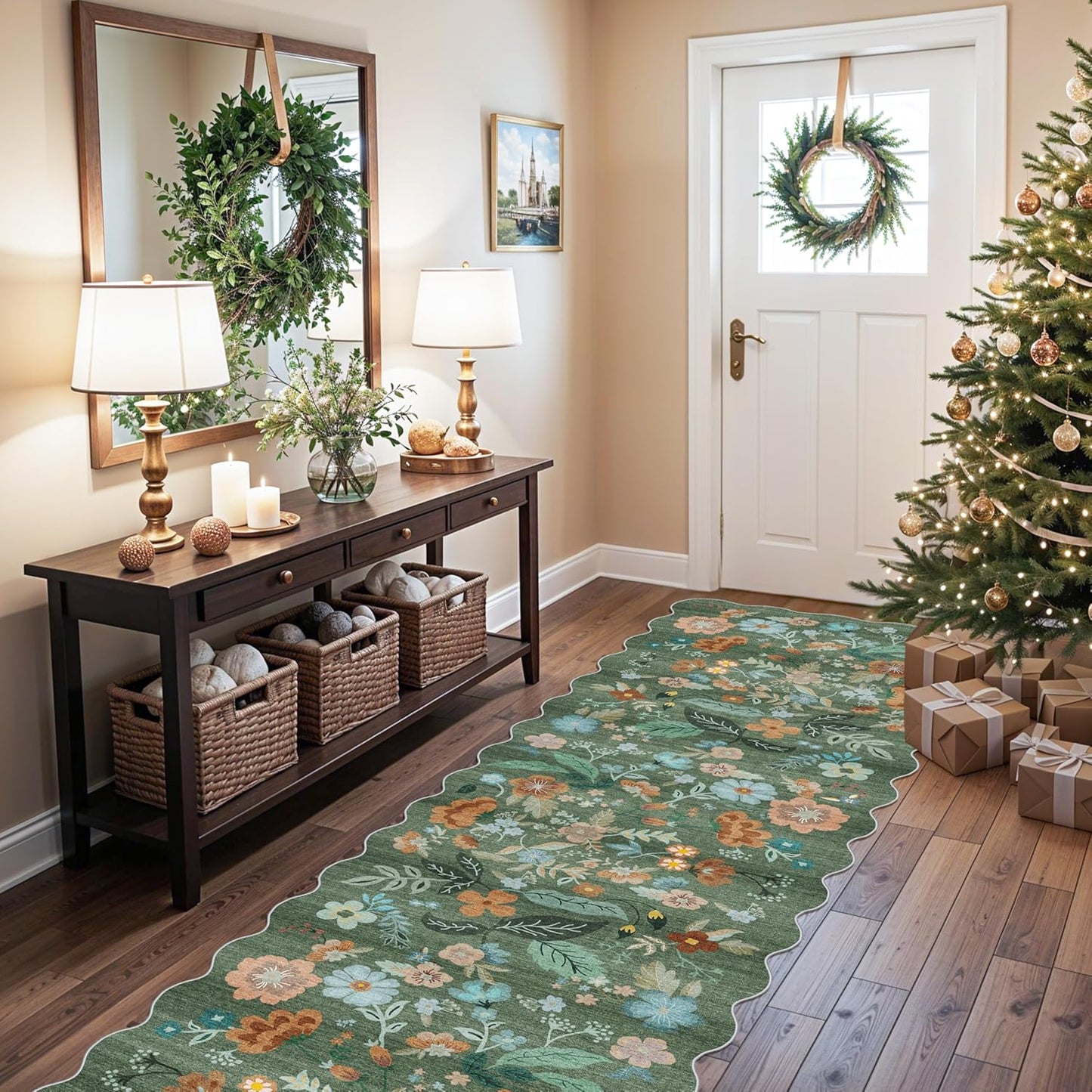 Skiennix Washable 3x10 Hallway Runner Rug - Floral Scalloped Soft Non-Slip Mat for Entryway, Kitchen & Nursery