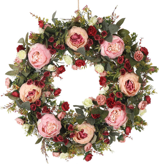 Spring & Summer Wreath, 24in Round, Red Silk & Grapevine, Door Mount, Seasonal Decorative