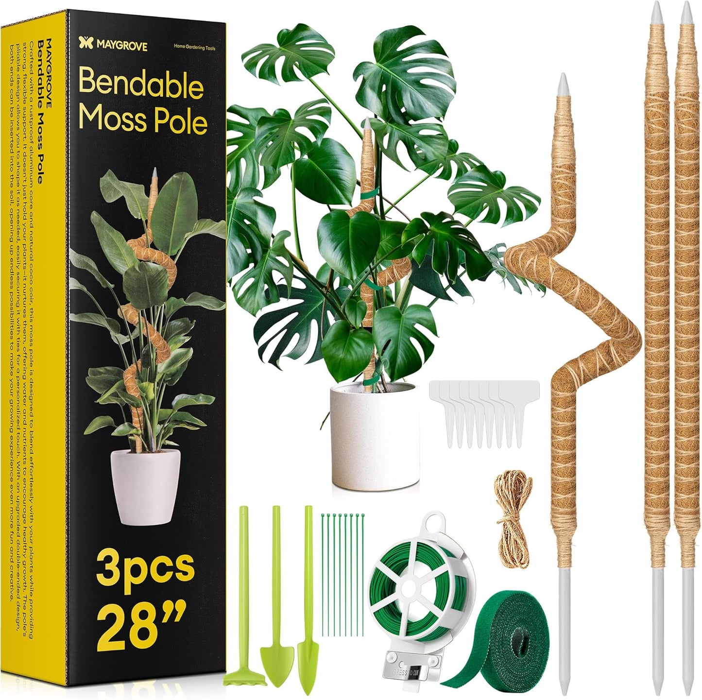 Maygrove 28” Bendable Moss Pole | 3-Pack Plant Support for Monstera & Climbing Indoor Plants