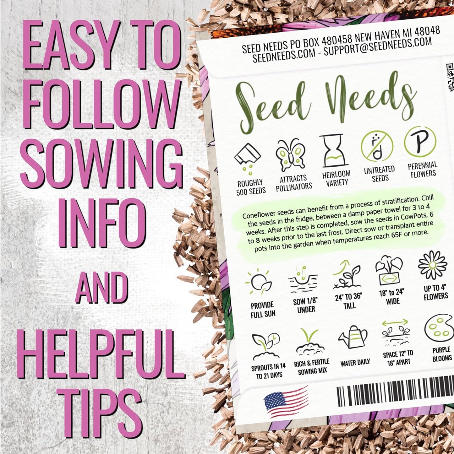 Seed Needs Coneflower Seeds - Purple Echinacea Heirloom Perennial Medicinal Flower - Ideal for Butterfly Gardens (1 Pack)