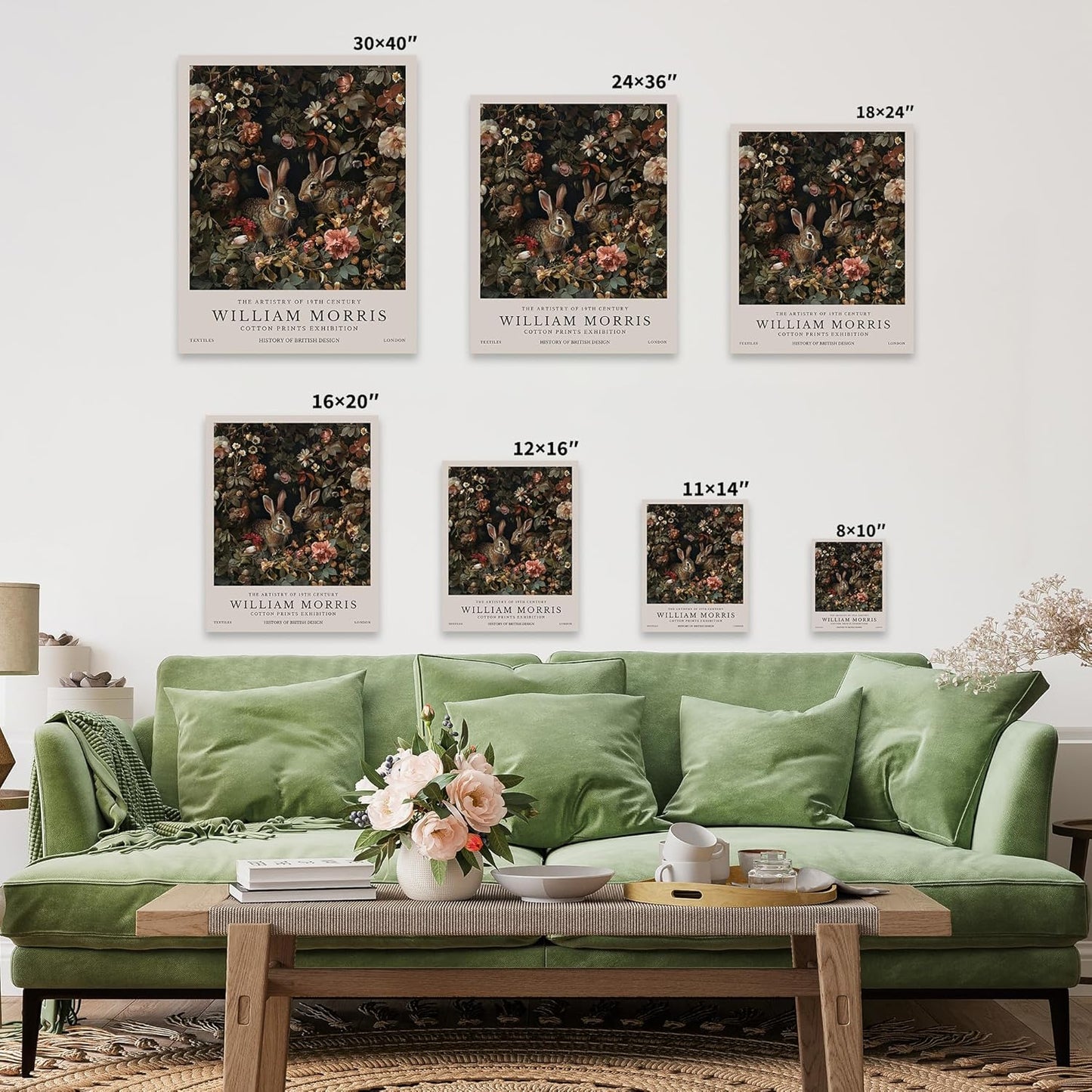 William Morris Canvas Print - Bunny Couple Rabbit Art - Botanical Floral Design | Aesthetic Wall Decor in 8x10 to 30x40