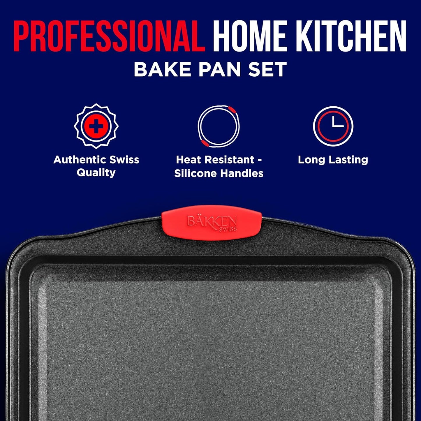 Skiennix Nonstick Carbon Steel Bakeware Set - Professional Quality Baking Trays | PFOA-Free, Red Silicone Handles