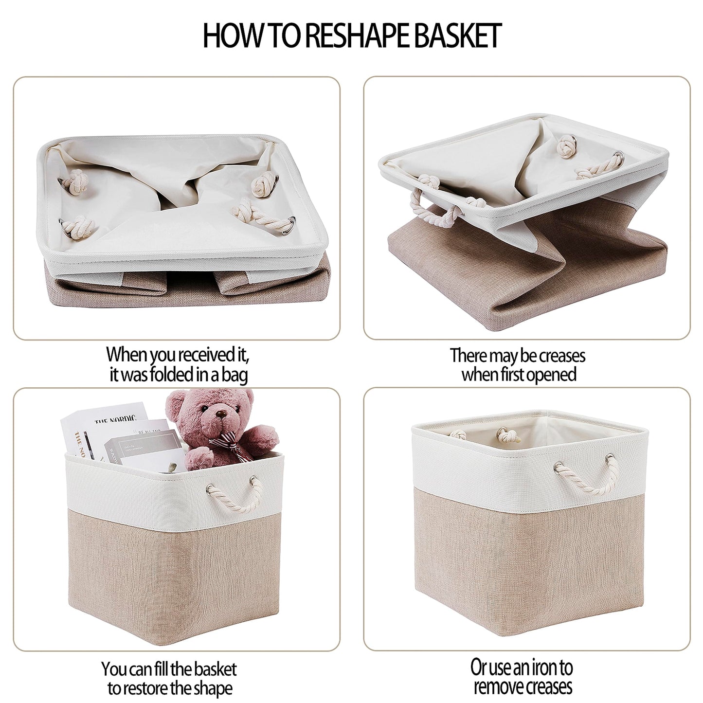 MidmmVick 13 x 13 Inch Cube Storage Bins, 4 Pack Large Collapsible Fabric Storage Bin with Ropes, Foldable Storage Cubes for Home, Office,Closet, Clothes, Toys Organizer (White & Beige)