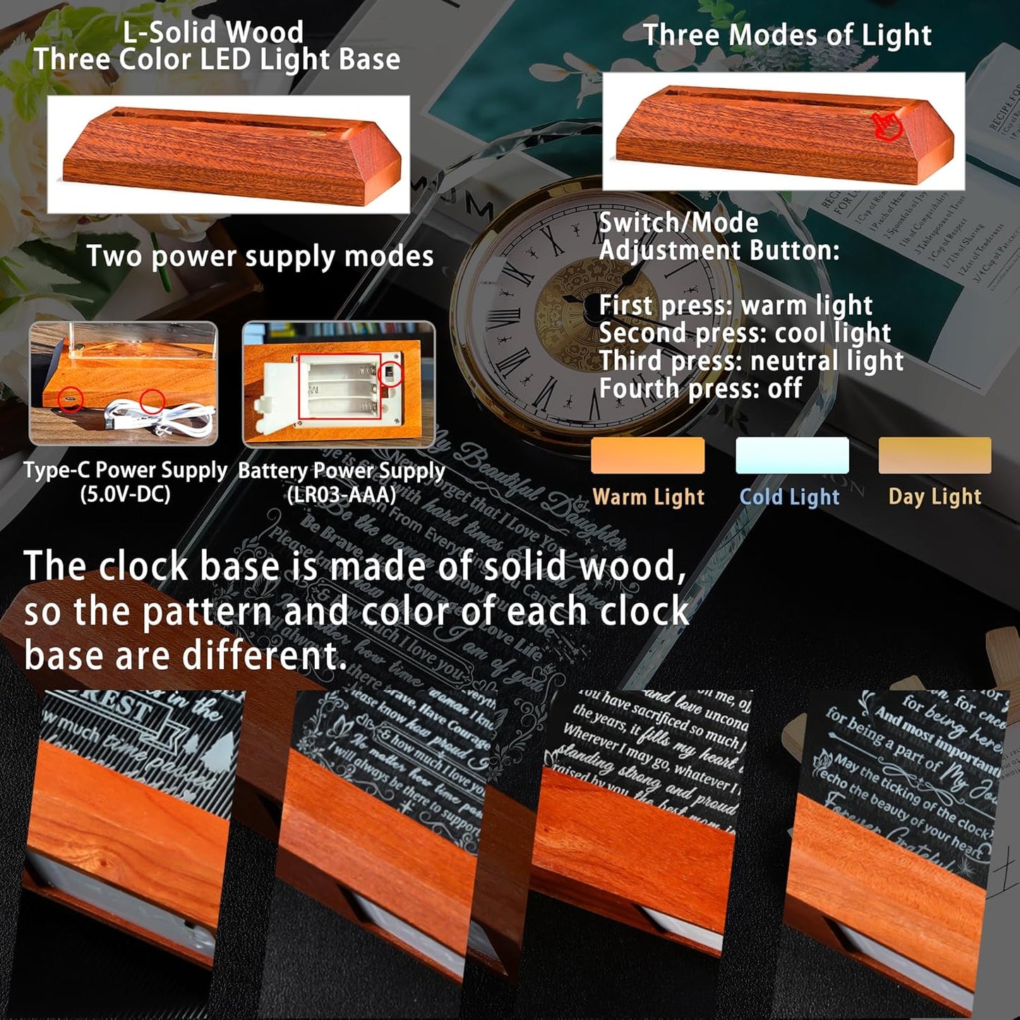 Ornalrist Glass Clock for Daughter from Mom & Dad - Heartwarming Gift with Wooden Base | Perfect for Mother's Day & Birthdays