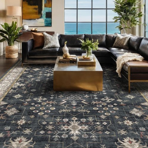 Boho Area Rugs by [Brand Name] - Washable 6x9 Black Dining Room Rug | Non-Slip Low Pile for Living Room & Bedroom