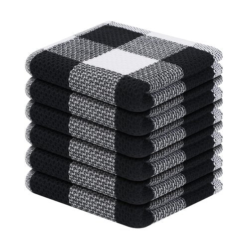 Homaxy 100% Cotton Waffle Weave Check Plaid Dish Cloths, 12 x 12 Inches, Super Soft and Absorbent Dish Towels Quick Drying Dish Rags, 6-Pack, White & Black