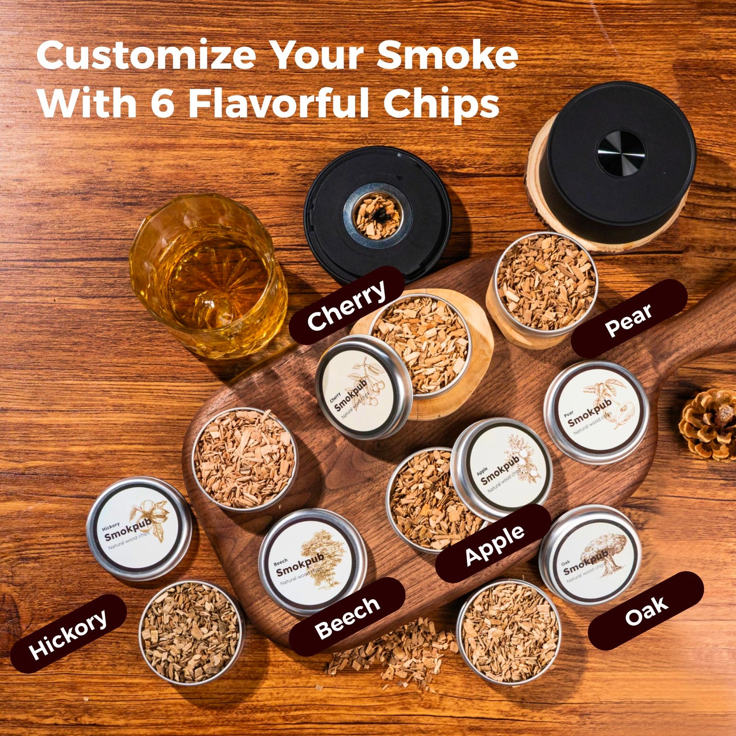 SMOKPUB Electric Whiskey Smoker Kit, Rechargeable Cocktail Smoker with 6 Wood Chips, Flameless Heating System, Old Fashioned Drink Smoker Kit, Bourbon Whiskey Gifts for Men,Dad,Husband