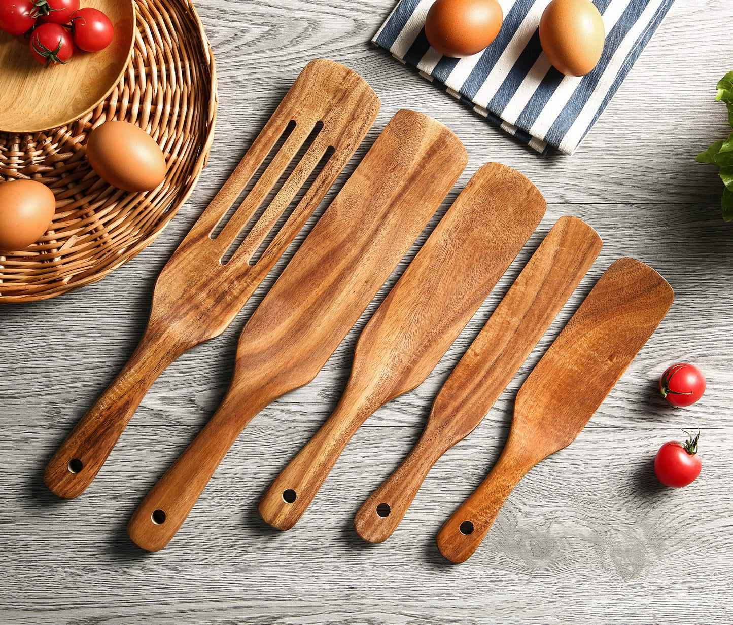 NAYAHOSE Wooden Spurtles Set with Holder, Natural Teak Kitchen Utensil Set of 6, Heat Resistant Non Stick Wood Cookware with Hanging Hole, Wood Spurtles Spatula Sets for Stirring, Mixing, Serving