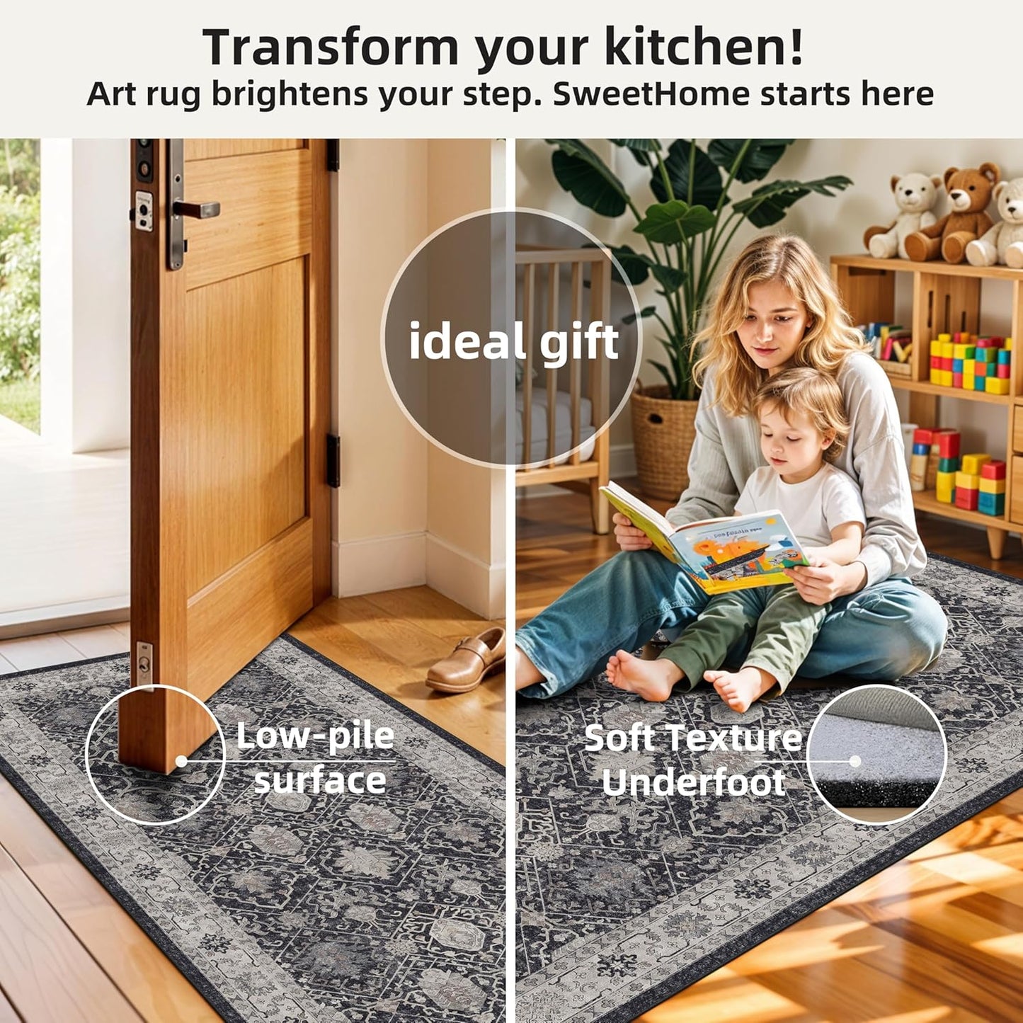 Skiennix Kitchen Rug Set - Washable Non-Slip Floor Mats for Sink & Stove | Cozy Black Runners (2x3, 2x4, 2x5)