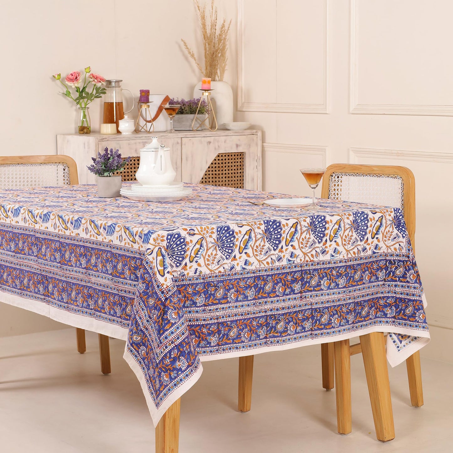 Premium Handblock Printed Cotton Floral Tablecloth/Table Cover, Rectangular, Washable, Pre-Washed, Event, Dining, Thanksgiving (Red White-D3, 72x108 Inches)