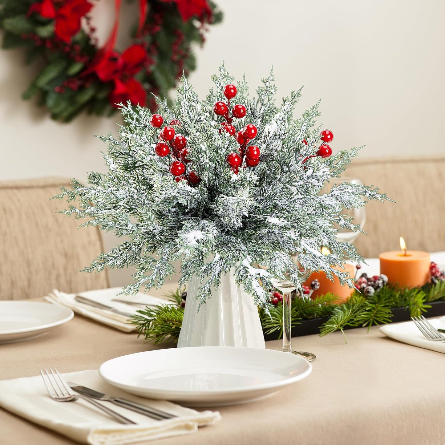 Skiennix 45 Pcs Artificial Christmas Snow Pine Branches - Snowy Faux Greenery with Red Berries for Home Decor