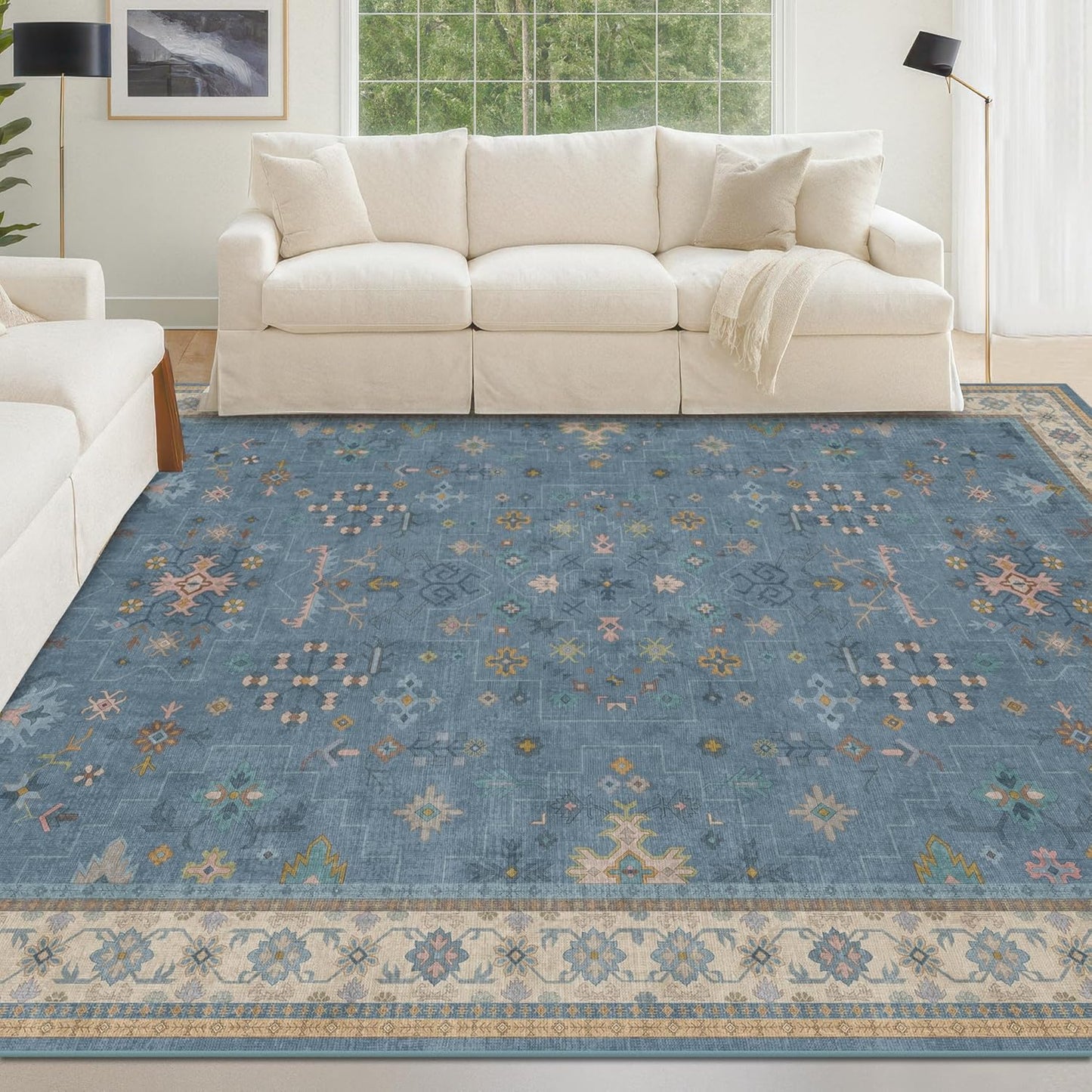 Skiennix 5x8 Boho Eclectic Area Rug - Modern Low-Pile Blue Carpet for Living Room, Bedroom & Nursery
