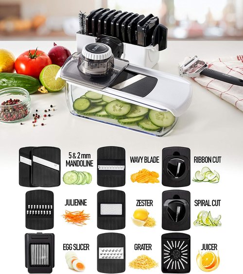 Fullstar Mandoline Slicer - 11-in-1 Kitchen Gadget with Safety Glove | Versatile Fruit & Veggie Cutter in White