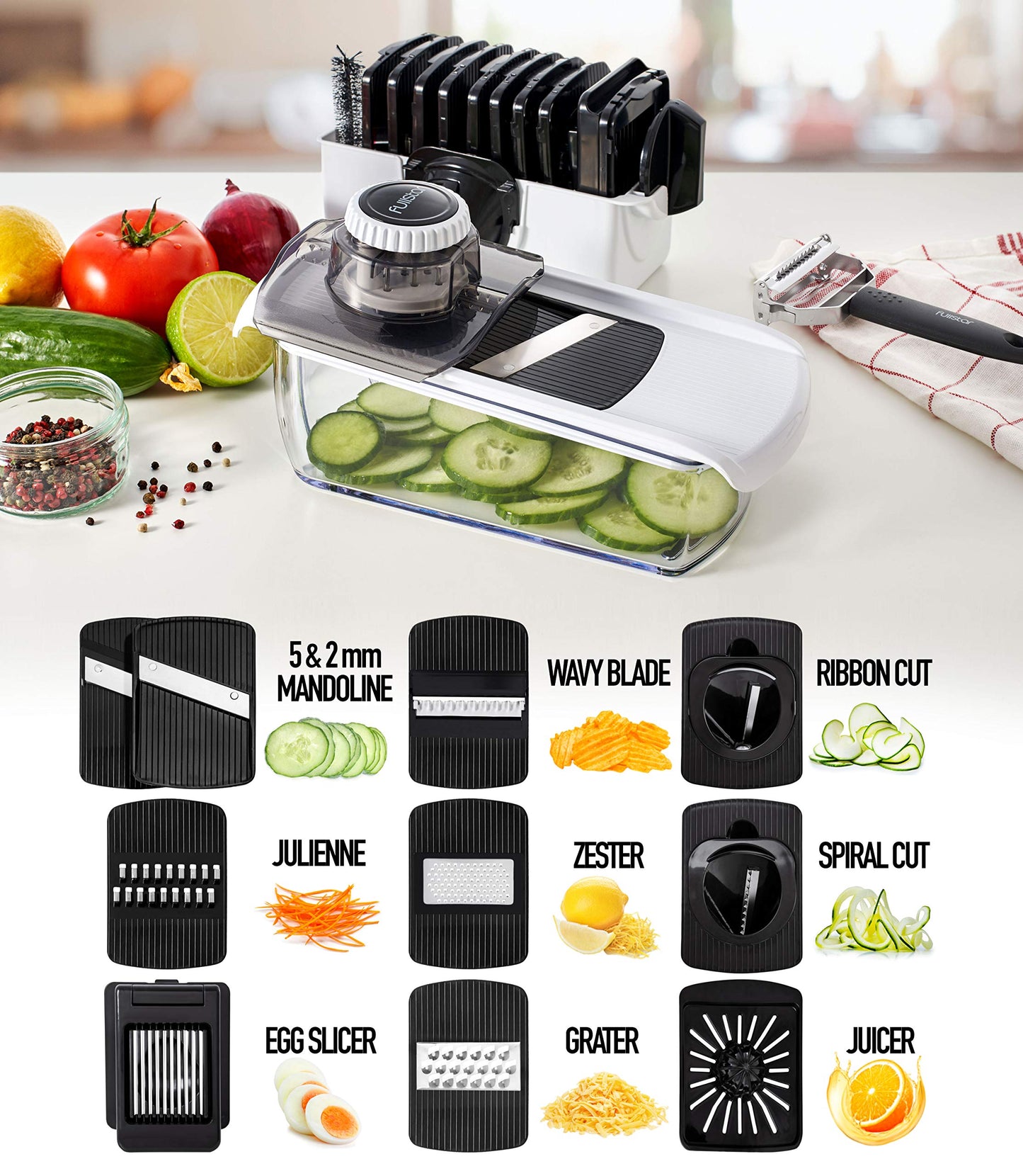 Fullstar Mandoline Slicer for Kitchen, Fruit Cutter, Cheese Grater, Cucumber Slicer, Veggie Spiralizer, Food Cutter & Kitchen Gadgets & Gifts with Safety Glove (11 in 1, Stainless Steel)