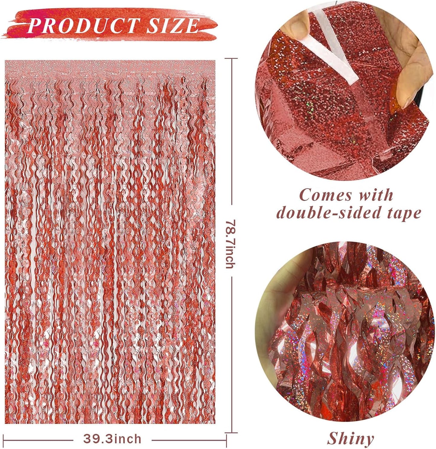 Rose Gold Tinsel Foil Fringe Curtains - Wavy Backdrop for Parties & Events | Photo Booth Decoration