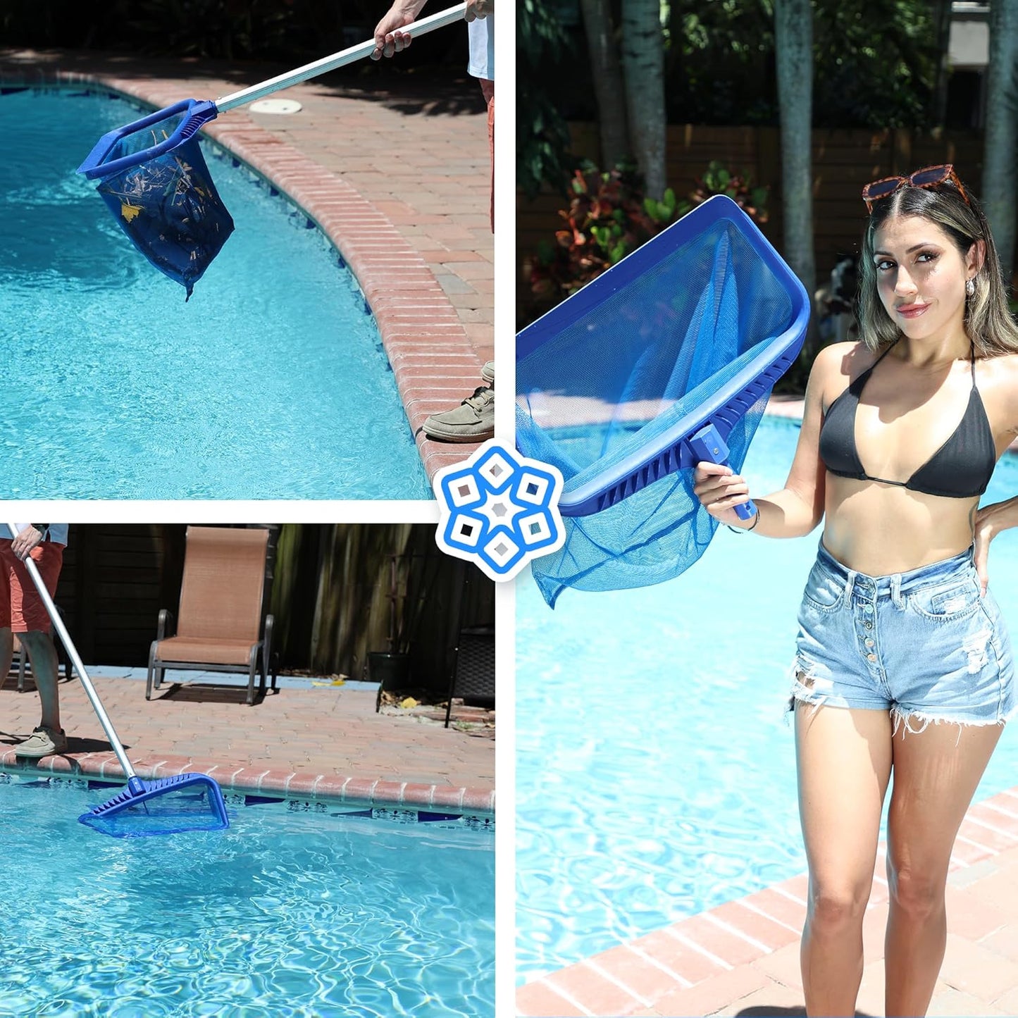 Skiennix Pool Skimmer Net - Heavy Duty Leaf Rake with Fine Mesh Bag - Blue Color