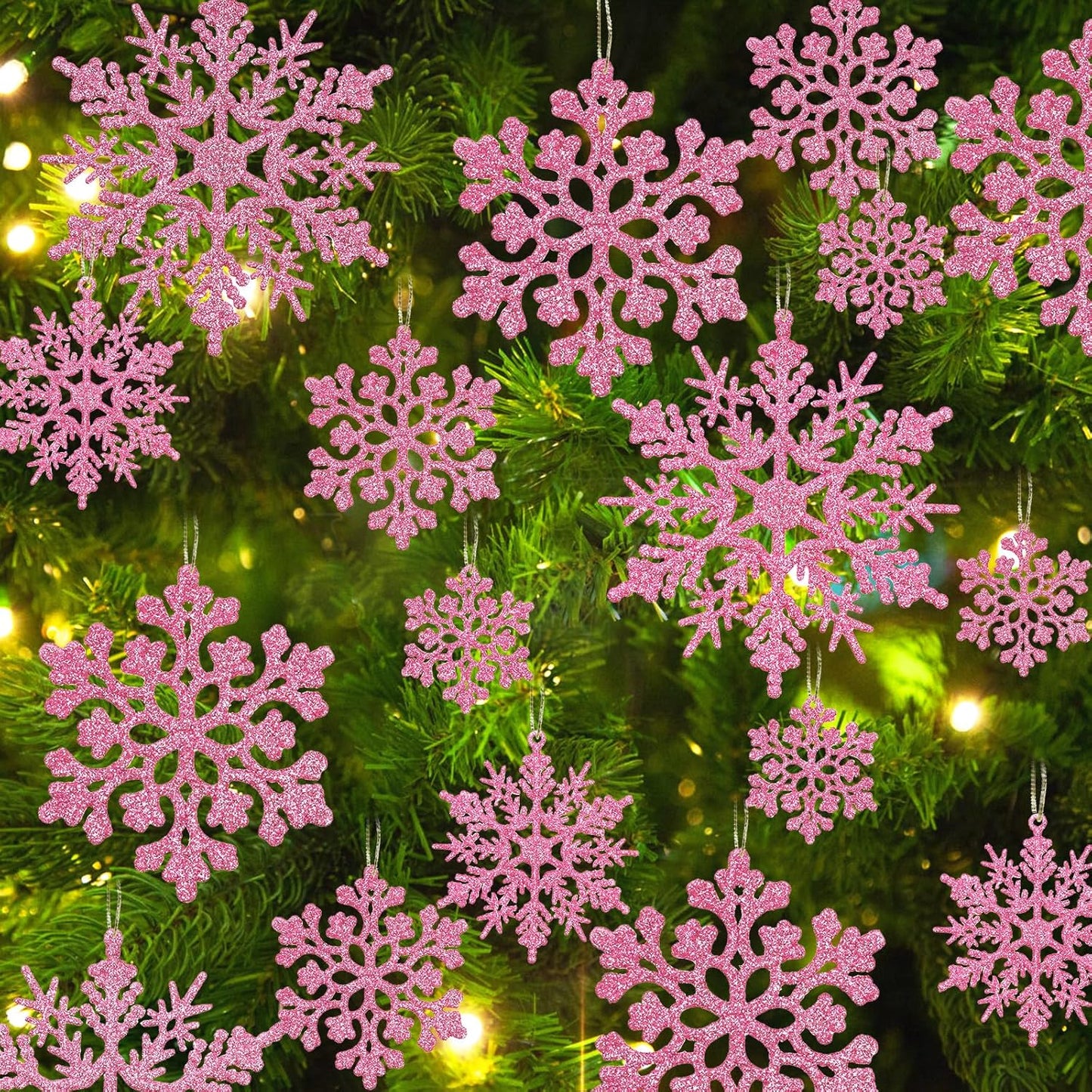 Skiennix 36pcs Christmas Light Pink Snowflake Ornaments - Glittery Plastic Decorations for Winter Trees