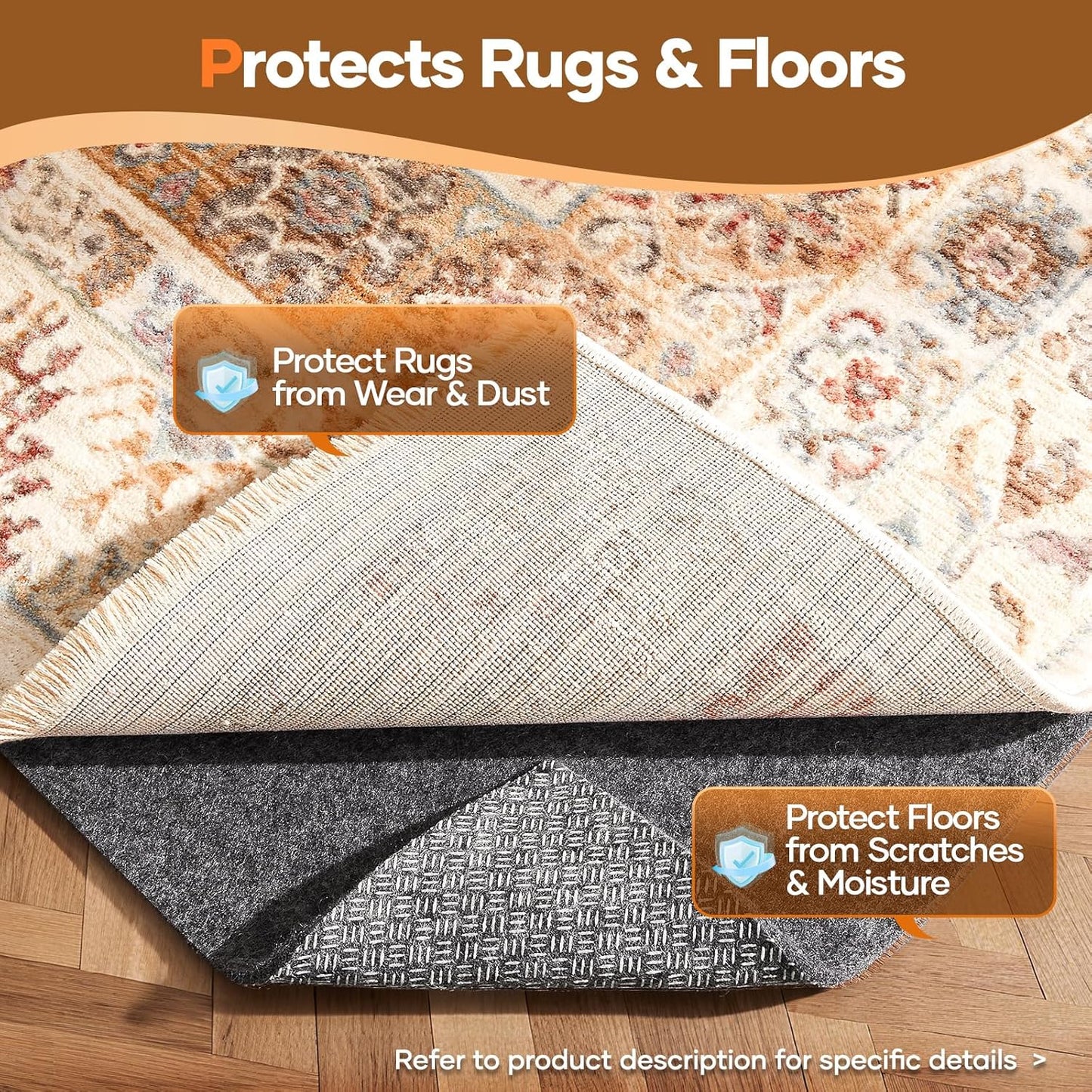 Veken Non-Slip Rug Pad Gripper - 8 x 10 Ft | Cushioned Felt & Silicone Backing for Hardwood Floors