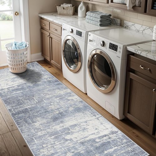 **Regine Switzerland Washable Runner Rug - Abstract Stain Resistant Design | 2x8 ft, Blue/Ivory**