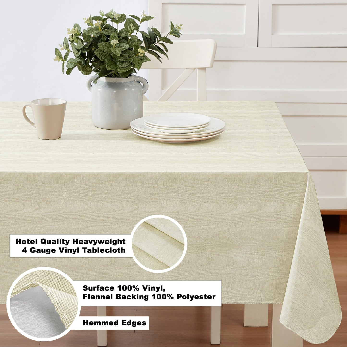 Newbridge Vinyl Flannel Backed Tablecloth, 60 x 84 Inch Rectangle, Beige Moire Wavy Solid Design, Heavyweight Indoor Outdoor Waterproof Table Cover, Easy Care Wipe Clean
