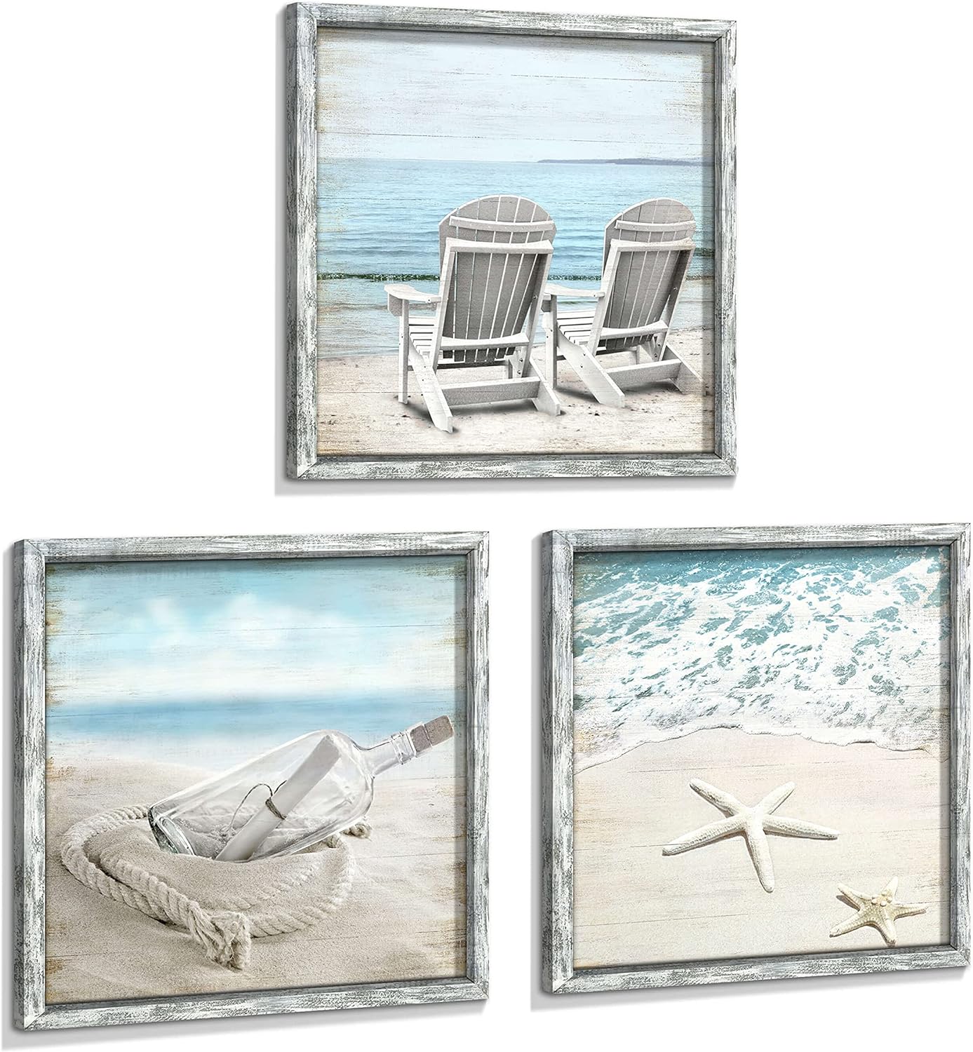 Coastal Pictures Framed Wall Artwork: Seascape Wall Decor Set of 3 Beach Chairs & Drift Bottle Wall Art Starfish Prints on Wood for Bedroom