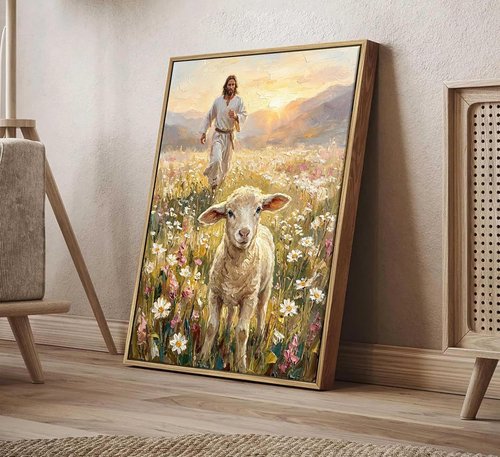 Framed Jesus and Lamb Canvas Wall Art - Inspiring Christian Decor for Bedroom or Church