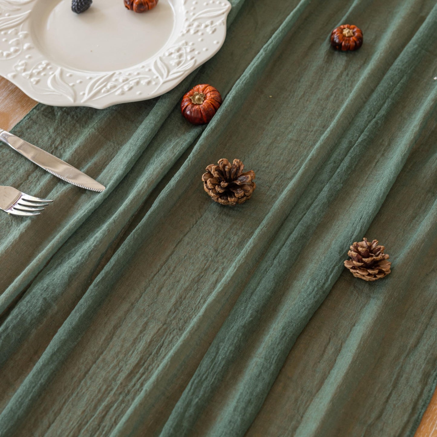 Keketoarrange 10pcs Forest Green Rustic Cheesecloth Table Runner 120 Inch 10 FT for Wedding Baby Shower Bridal Shower Birthday Engagement Garden Outdoor Party Long Sheer Boho Decorations