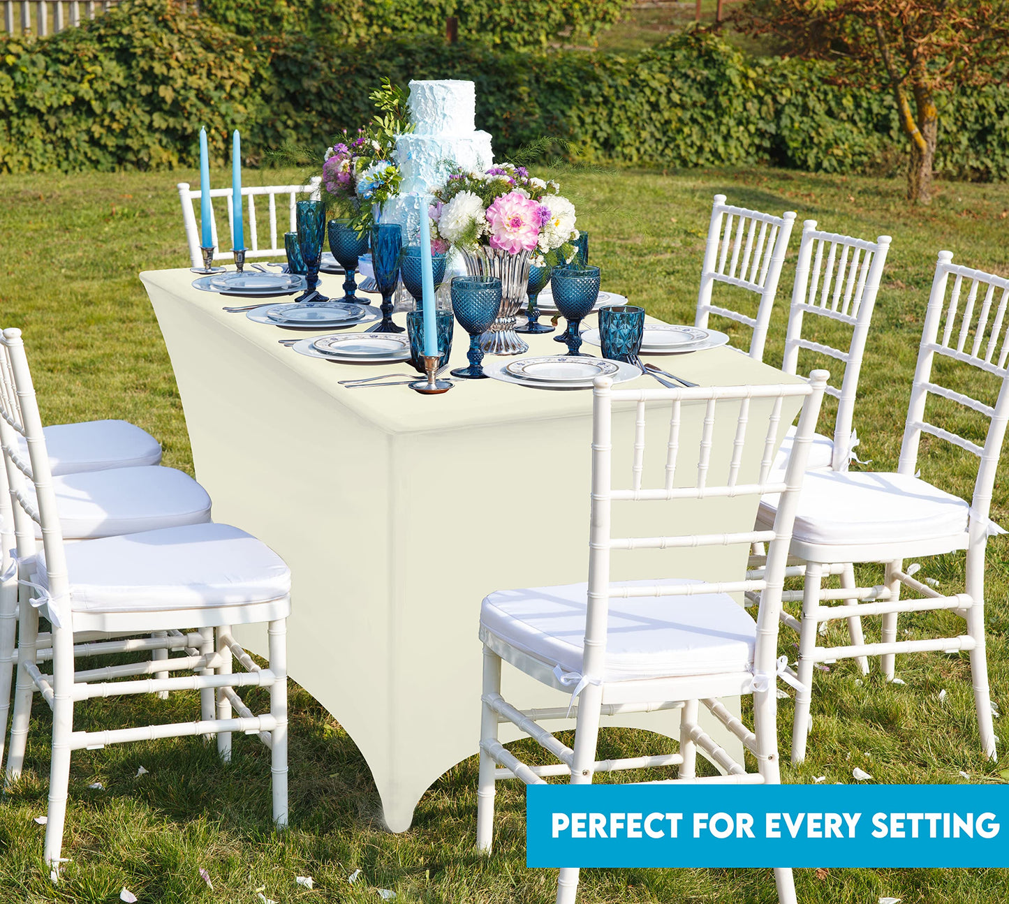 Utopia Kitchen Spandex Tablecloth 2 Pack [8FT, Ivory] Tight, Fitted, Washable and Wrinkle Resistant Stretch Table Cloth Rectangle Cover for Trade Show, Weddings & Parties [96Lx30Wx30H Inch]