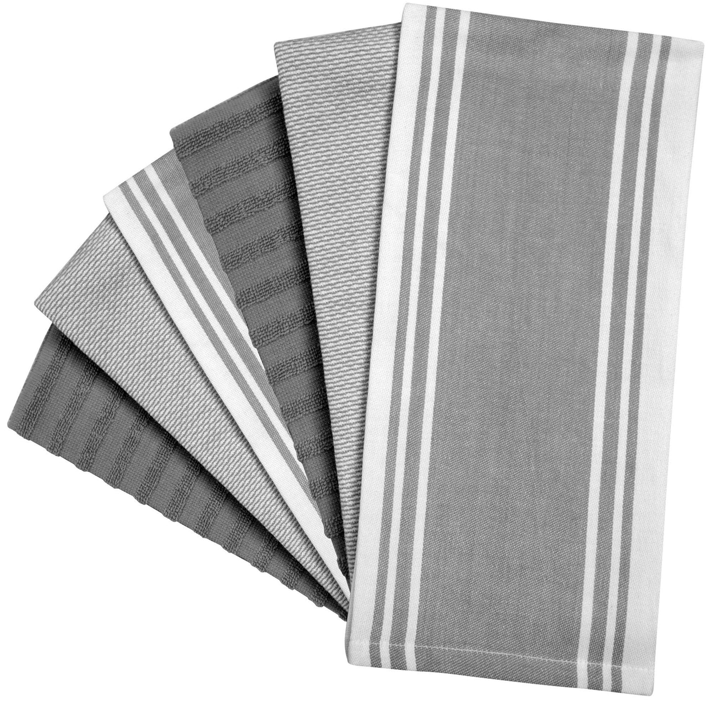 Premium Kitchen Towels (20”x 28”, 6 Pack) | Large Cotton Dish Towels | Flat & Terry Highly Absorbent Kitchen Linen Set with Hanging Loop | Wide Stripe Grey
