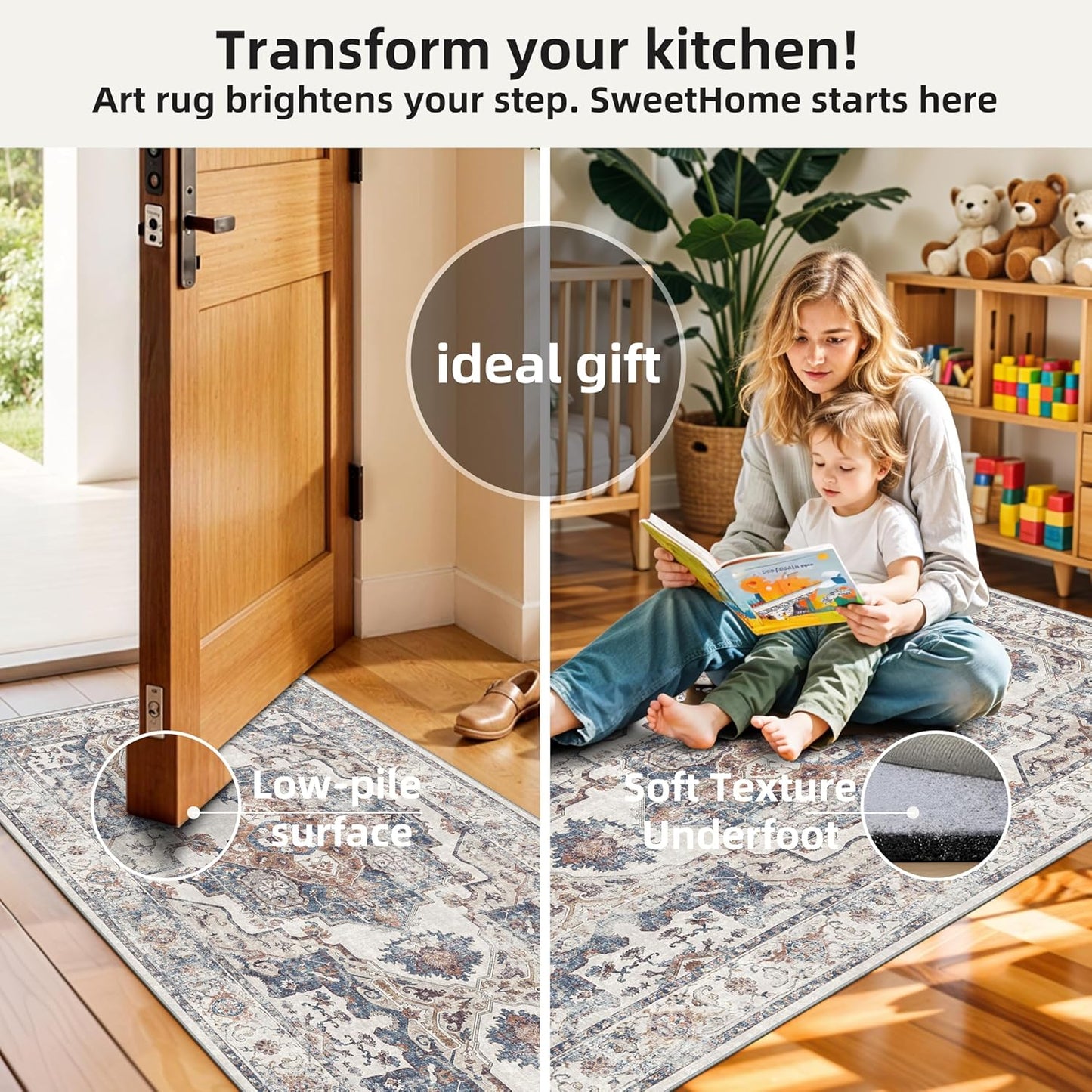 Skiennix Kitchen Runner Rug Set - Washable Non-Slip Mats for Sink & Stove | Soft Low Pile, Water-Resistant (2x3 + 2x4, Brick)
