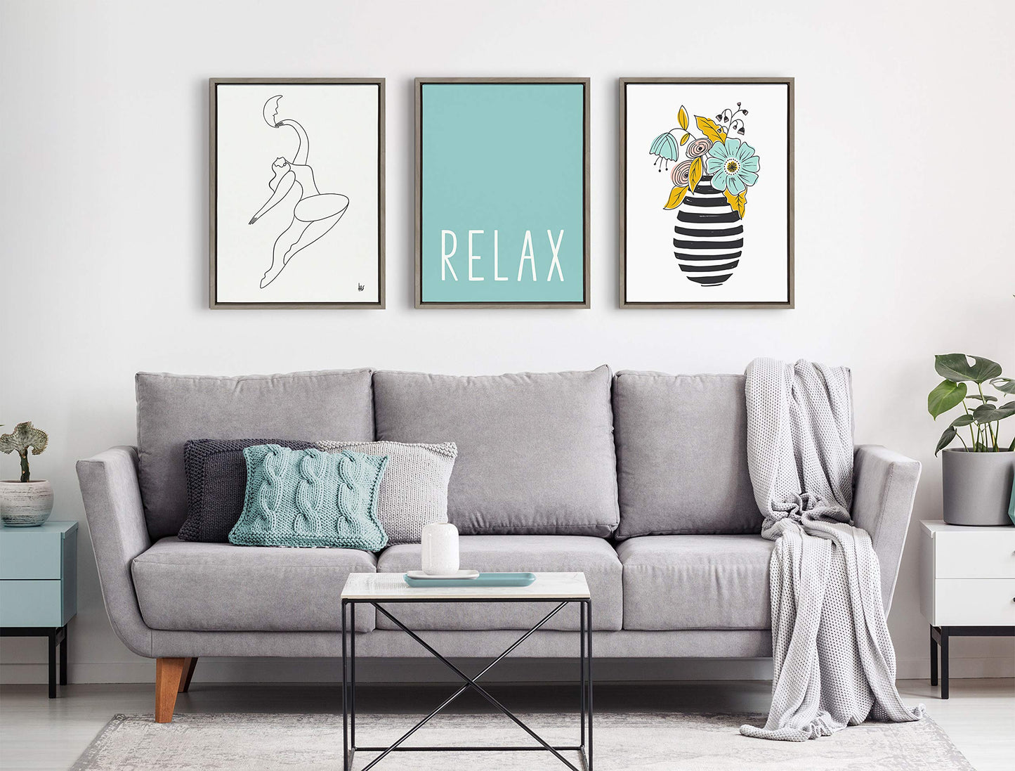 Kate and Laurel Sylvie Relax in Pale Teal Framed Canvas Wall Art by Apricot and Birch, 18x24 Gray, Relaxing Zen Art for Wall