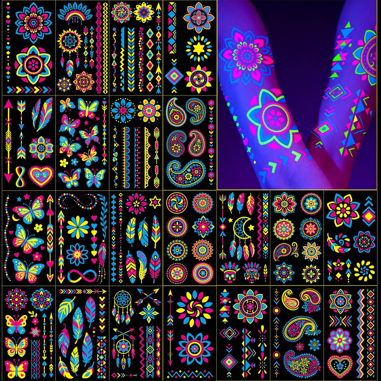 Glow in the Dark Party Supplies Temporary Tattoos 192+ PCS, Neon UV Blacklight Reactive Face Tattoos for for Party Supplies, Fluorescent Henna Flower Temporary Tattoos for Adults, Teens