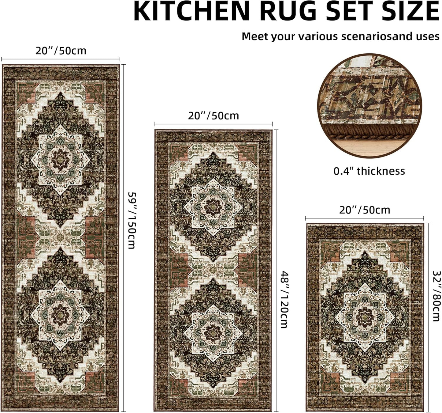 Tritard Non-Slip Kitchen Rugs Set of 3 - Washable Boho Vintage Mats for Indoor Entryway | Brown