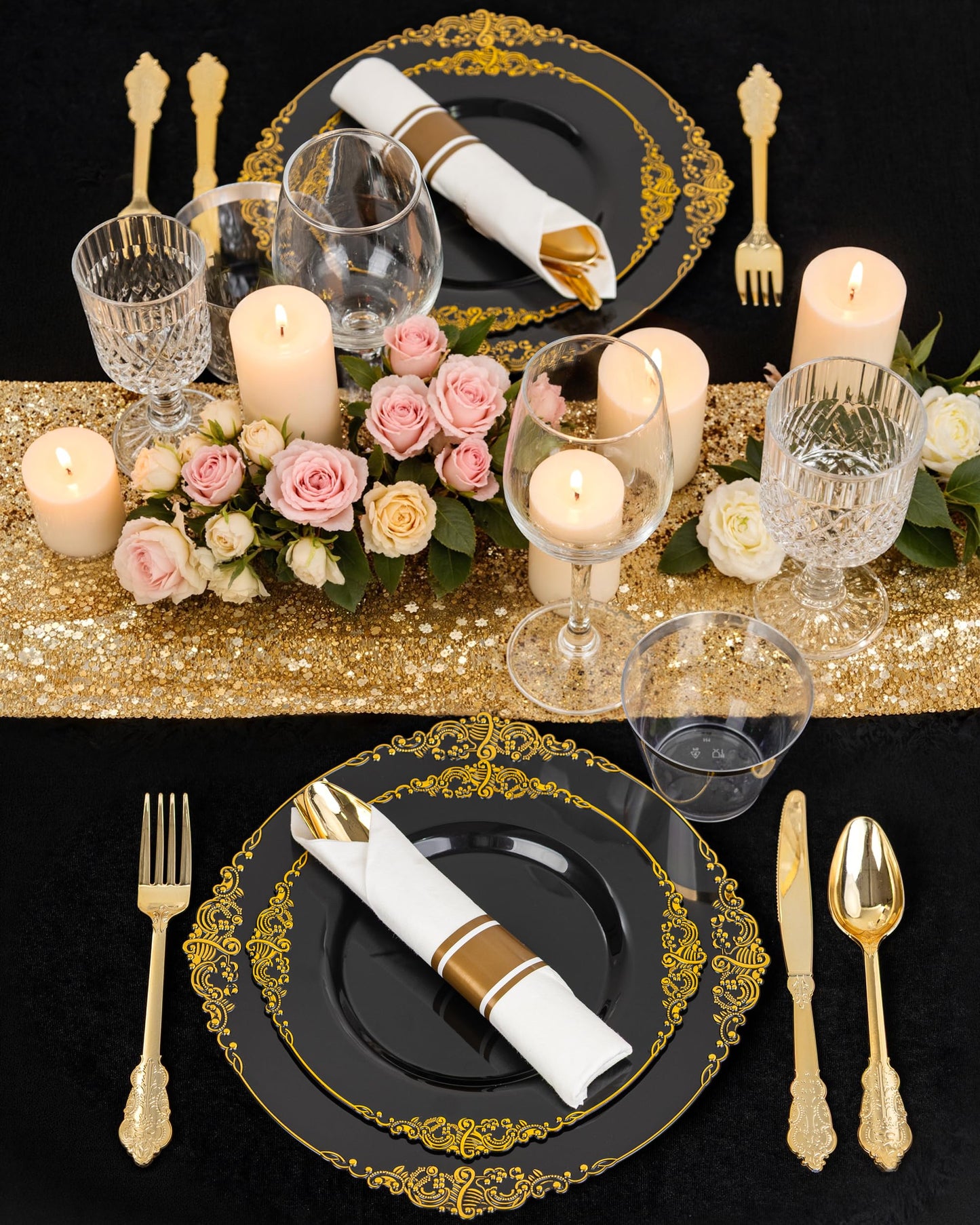 Nervure 175PCS Black Plastic Plates - Disposable Black Gold Party Plates & Pre Rolled Napkins with Cutlery for 25 Guests, 50Plates, 75Silverware, 25Cups, 25Napkin for Wedding & Party