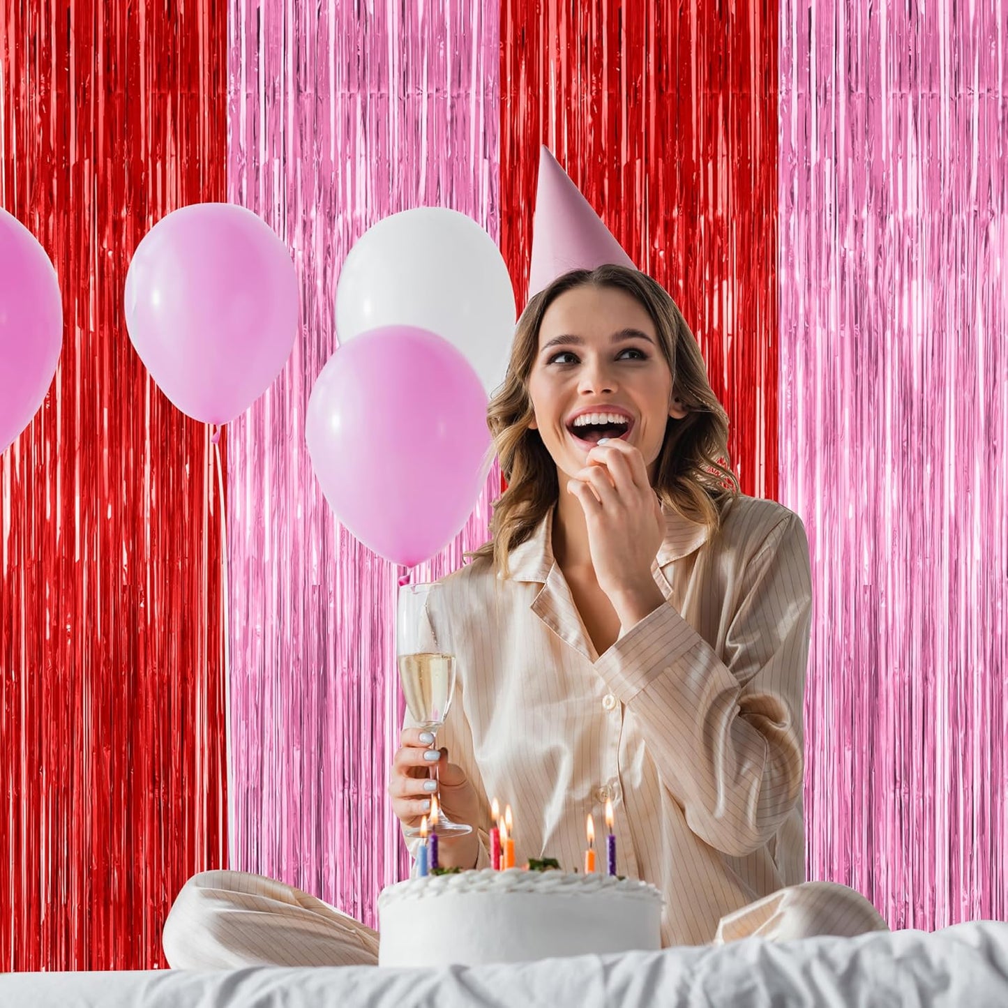Regine Switzerland | 2 Pack Red Pink Backdrop Curtains - 3.28' x 7.05' Metallic Fringe for Parties