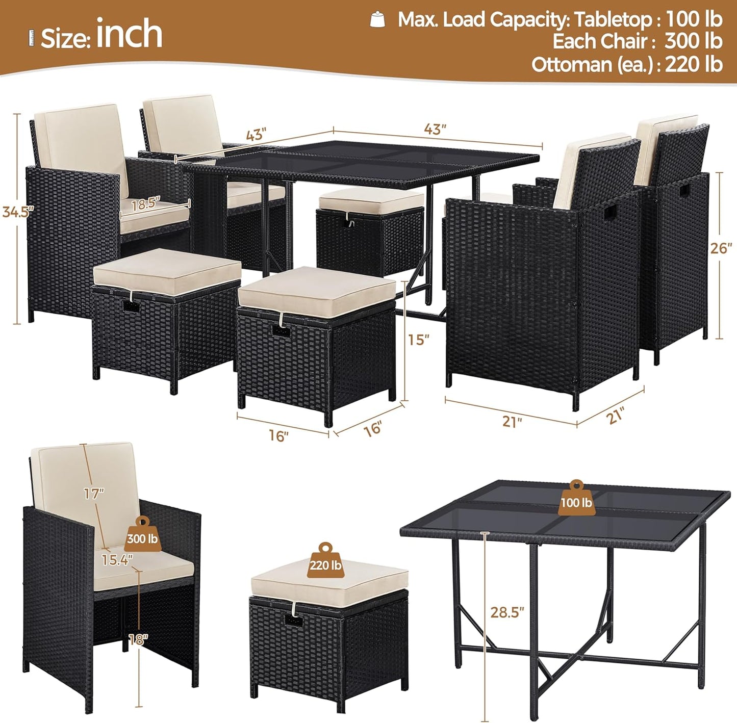 Yaheetech 9-Piece Patio Dining Set - Space-Saving Rattan Chairs & Glass Table | Black/Beige Cushions
