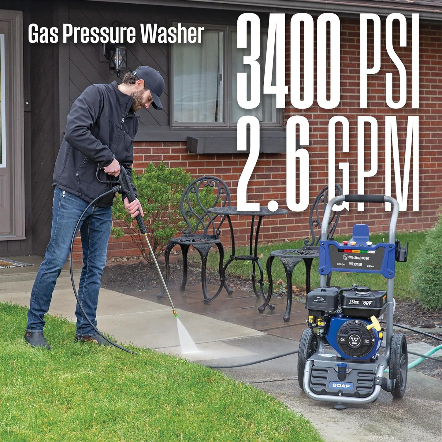 Westinghouse WPX3400 Gas Pressure Washer - 3400 PSI, 2.6 GPM, Onboard Soap Tank & 5 Nozzle Set