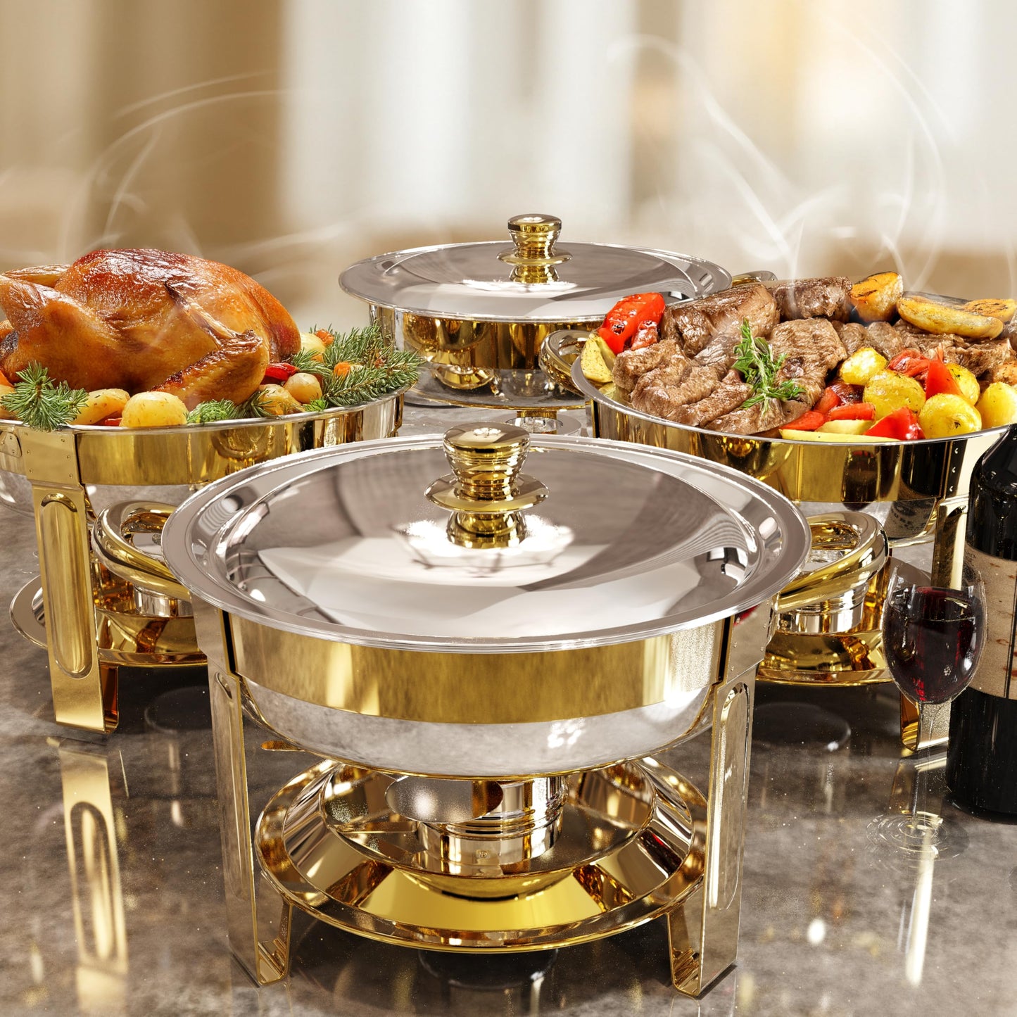Trivico Chafing Dishes for Buffet Set,4 Pack 6QT, Easy 30-Second Lid Assembly Stainless Steel Food Warmers for Catering, Parties & Events, Gold Colors Chafing Dish Buffet Set