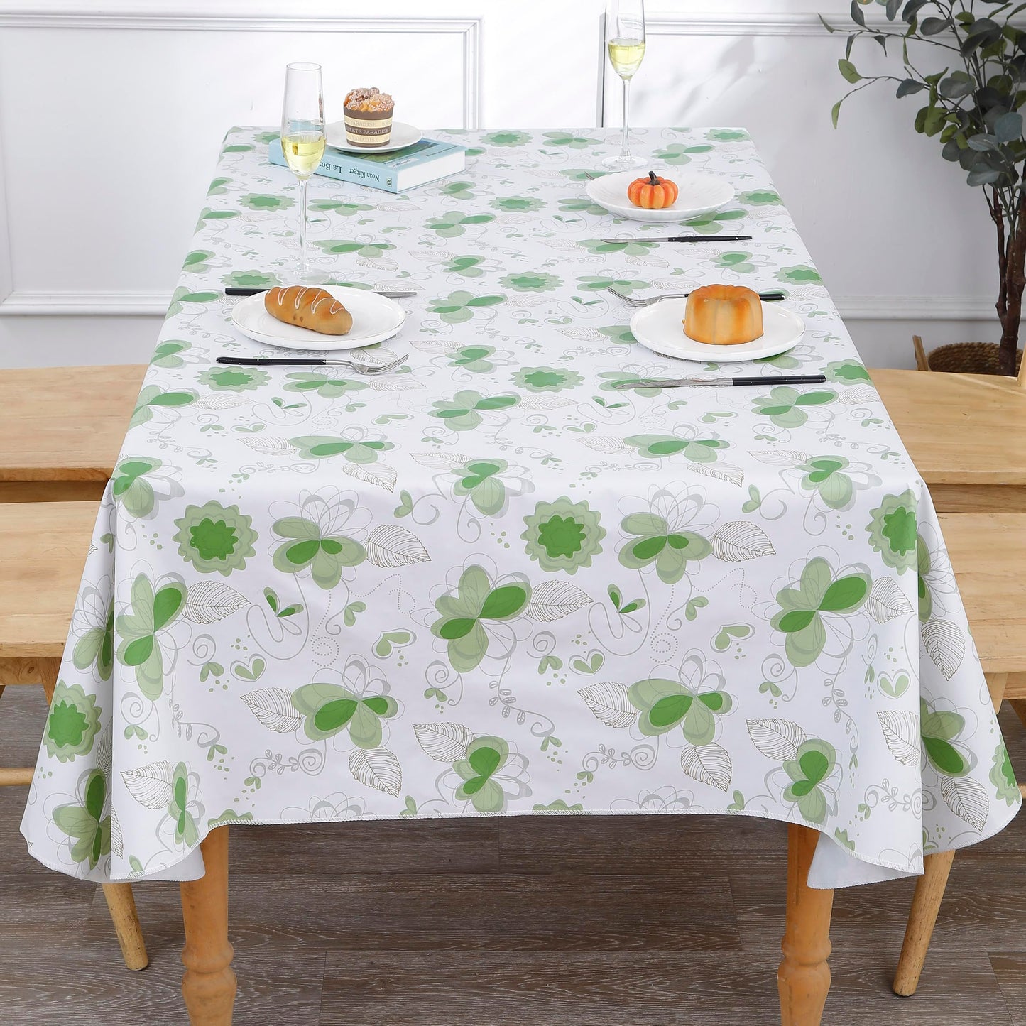 Heavy Duty Vinyl Tablecloth with Flannel Backing Waterproof Oil-Proof Plastic Table Cloth Stain-Resistant Wipeable Rectangle or Square Table Cover for Indoor and Outdoor (Floral and Leaf,60x84 Inch)