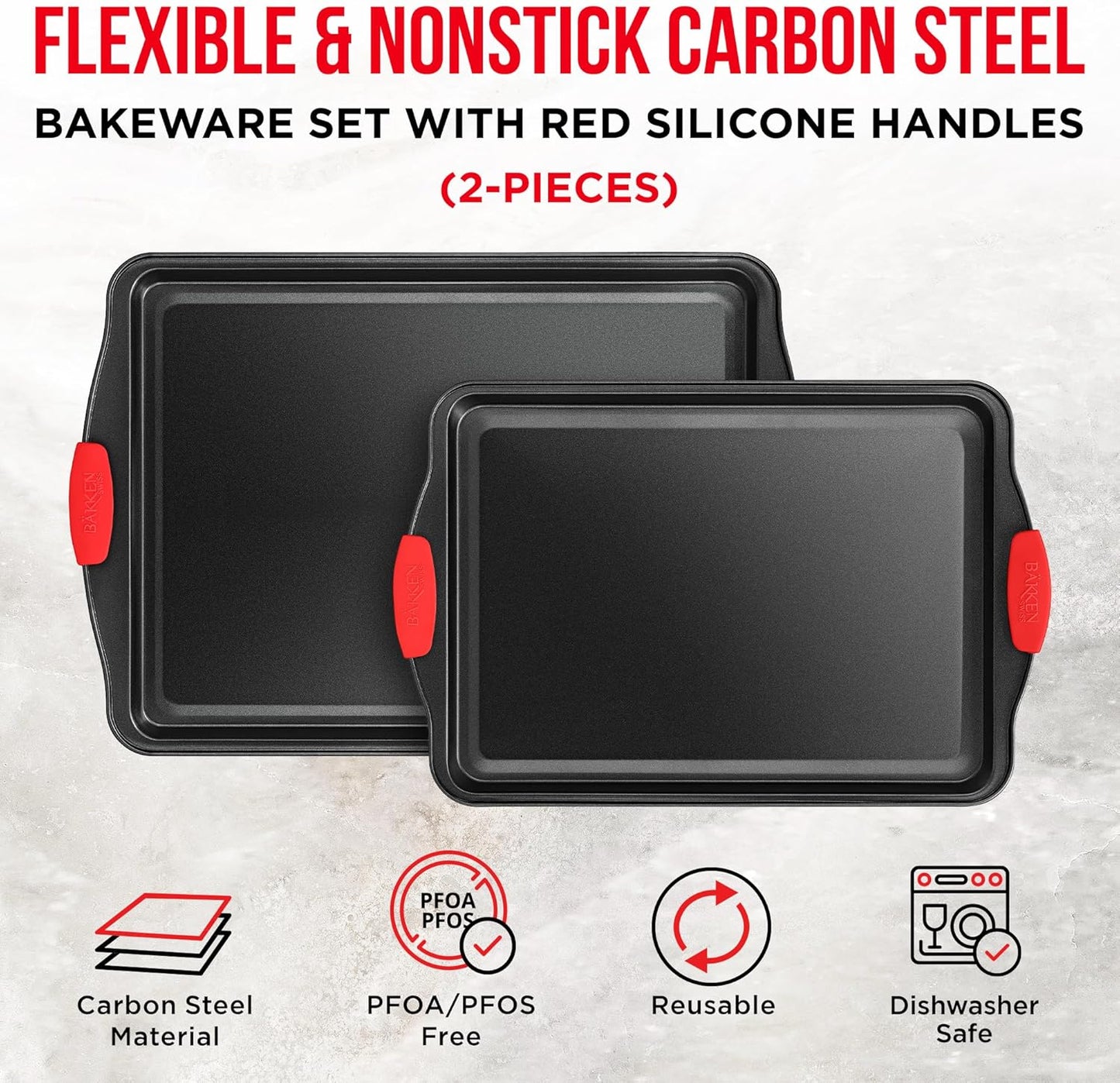 Skiennix Nonstick Carbon Steel Bakeware Set - Professional Quality Baking Trays | PFOA-Free, Red Silicone Handles