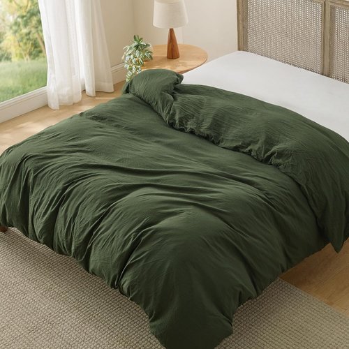 Bedsure Olive Green Duvet Cover - Soft Prewashed Cotton-Like Polyester, Queen Size 90x90 Inches with Zipper Closure