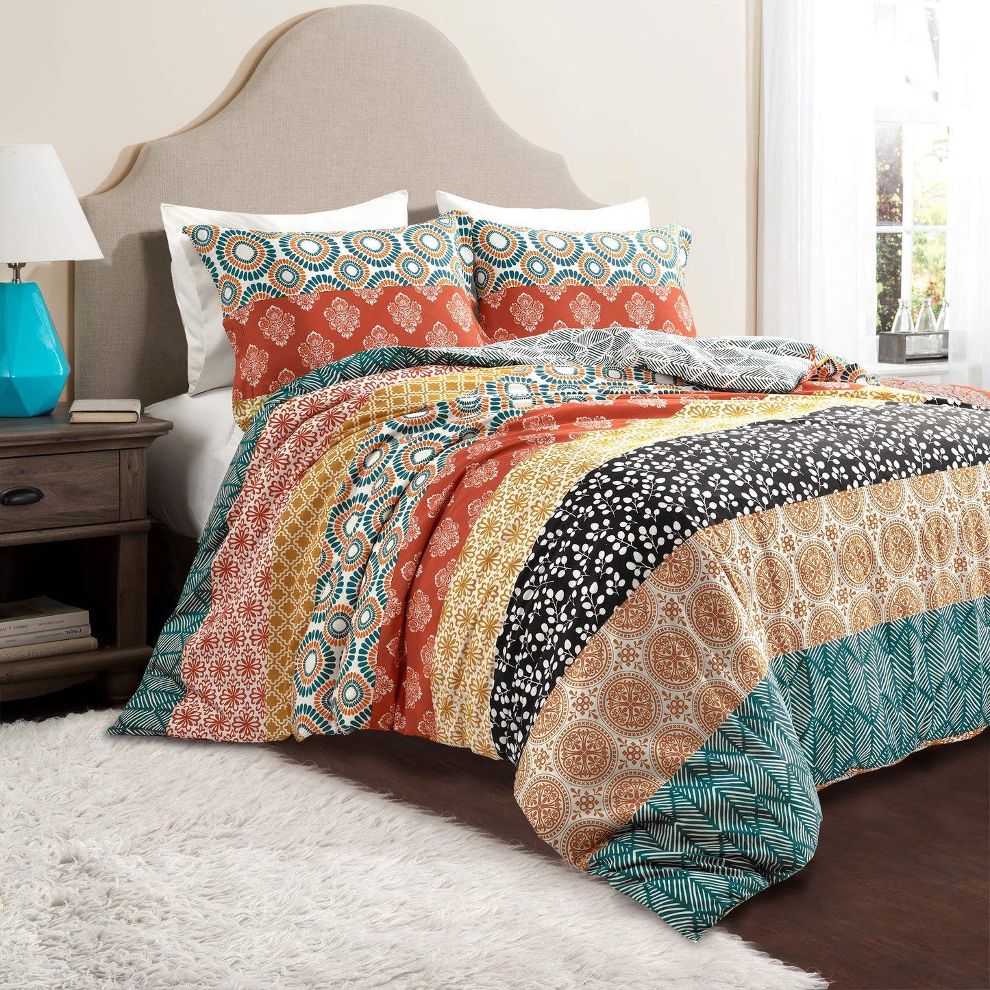 Lush Decor Bohemian Stripe Reversible Cotton Duvet Cover Set, 3 Piece Set, Full/ Queen, Turquoise & Orange - Striped Bedding Set - Queen Duvet Cover Full - Boho Decor