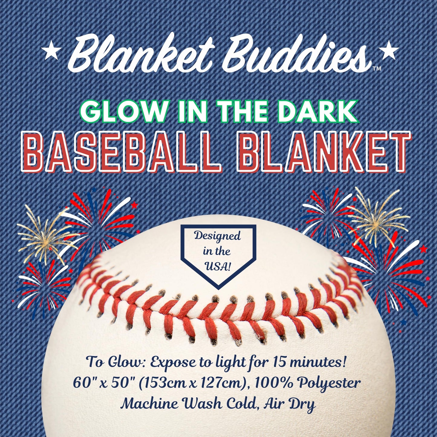 Blanket Buddies Baseball Throw Blanket: Glow in The Dark, Cozy, Soft, Warm Fleece Blanket for Boys and Girls, 50" x 60" (Navy)