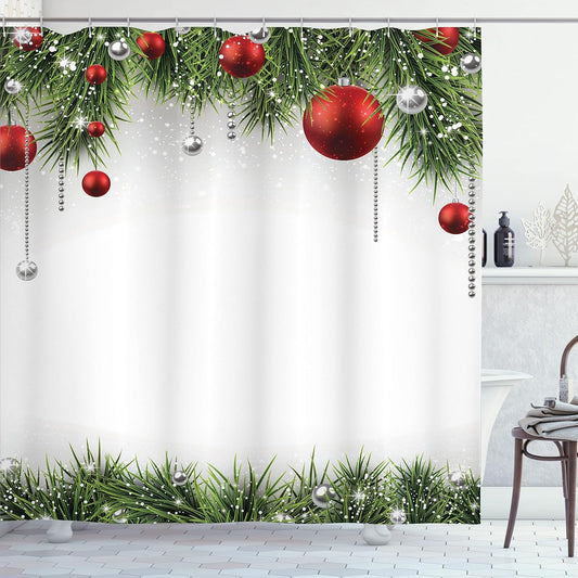 Christmas Shower Curtain with Ornaments & Pine Tree Design - 69x75” Fabric Bathroom Decor Set