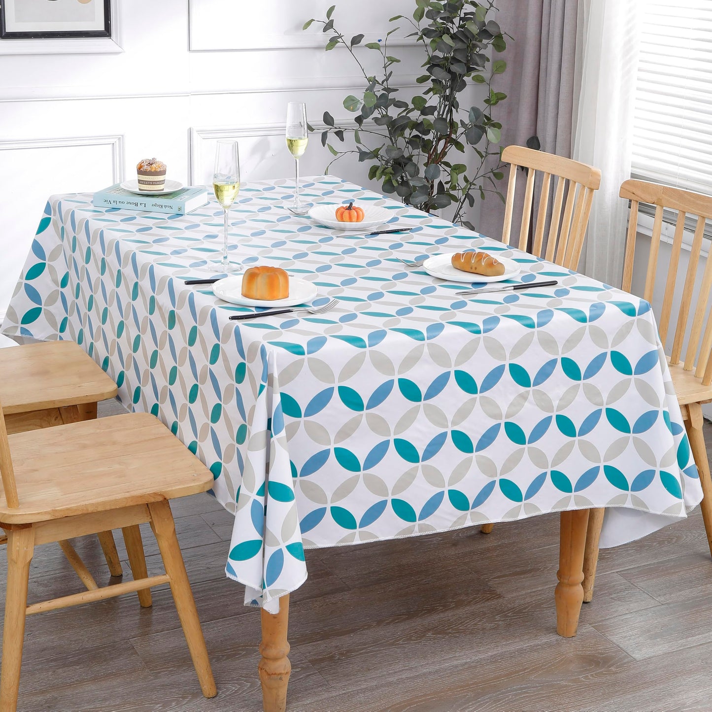 Walrus Heavy Duty Vinyl Tablecloth with Flannel Backing Waterproof Oil-Proof Plastic Table Cloth Stain-Resistant Wipeable Table Cover for Indoor and Outdoor (Geometric Leaf,52x70 Inch)