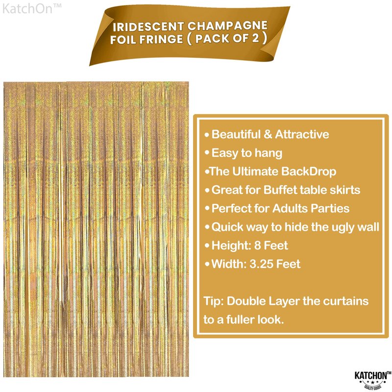 KatchOn, Champagne Gold Fringe Curtain Backdrop - Large, 3.2x8 Feet, Pack of 2 | Champagne Gold Foil Fringe Curtain Backdrop | Golden Birthday Party Decoration | New Years Decoration Backdrop