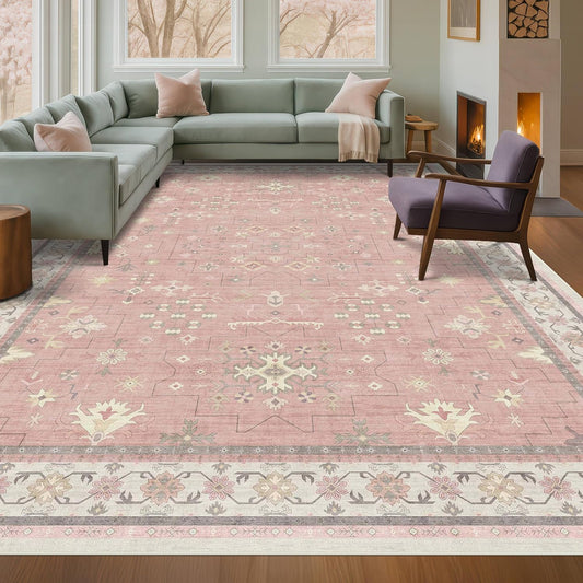 Regine Switzerland Washable 8x10 Blush Pink Rug - Soft, Non-Slip Floral Design for Bedroom & Living Room